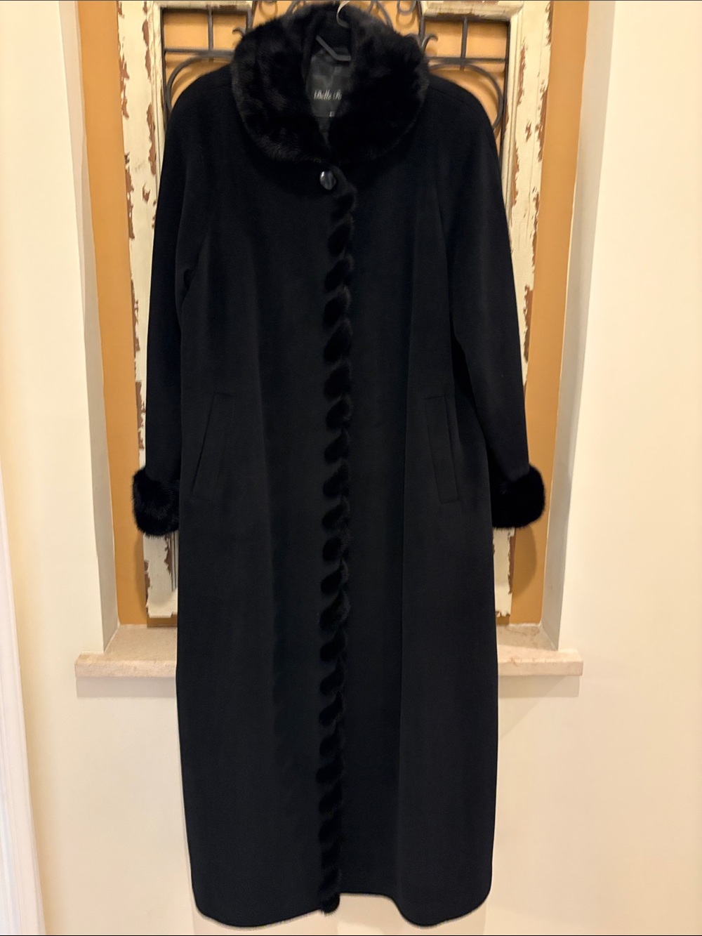 Belle Fare Cashmere & Wool Black Maxi Coat with Whip Stitch Fur Trim
